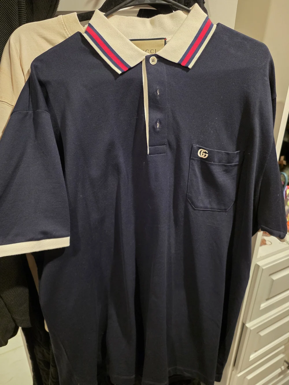 Two (2) Gucci Navy Polo with Cream Collar and Red-Blue Stripe Bundle 2xl